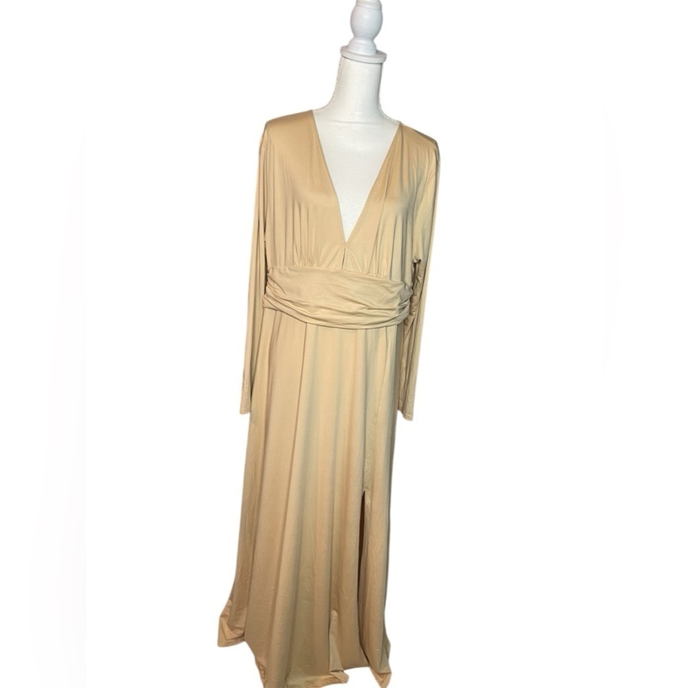 ANRABESS DEEP V NECK SHORT SLEEVE SLIT MAXI EVENING DRESS NWT XXL Cream